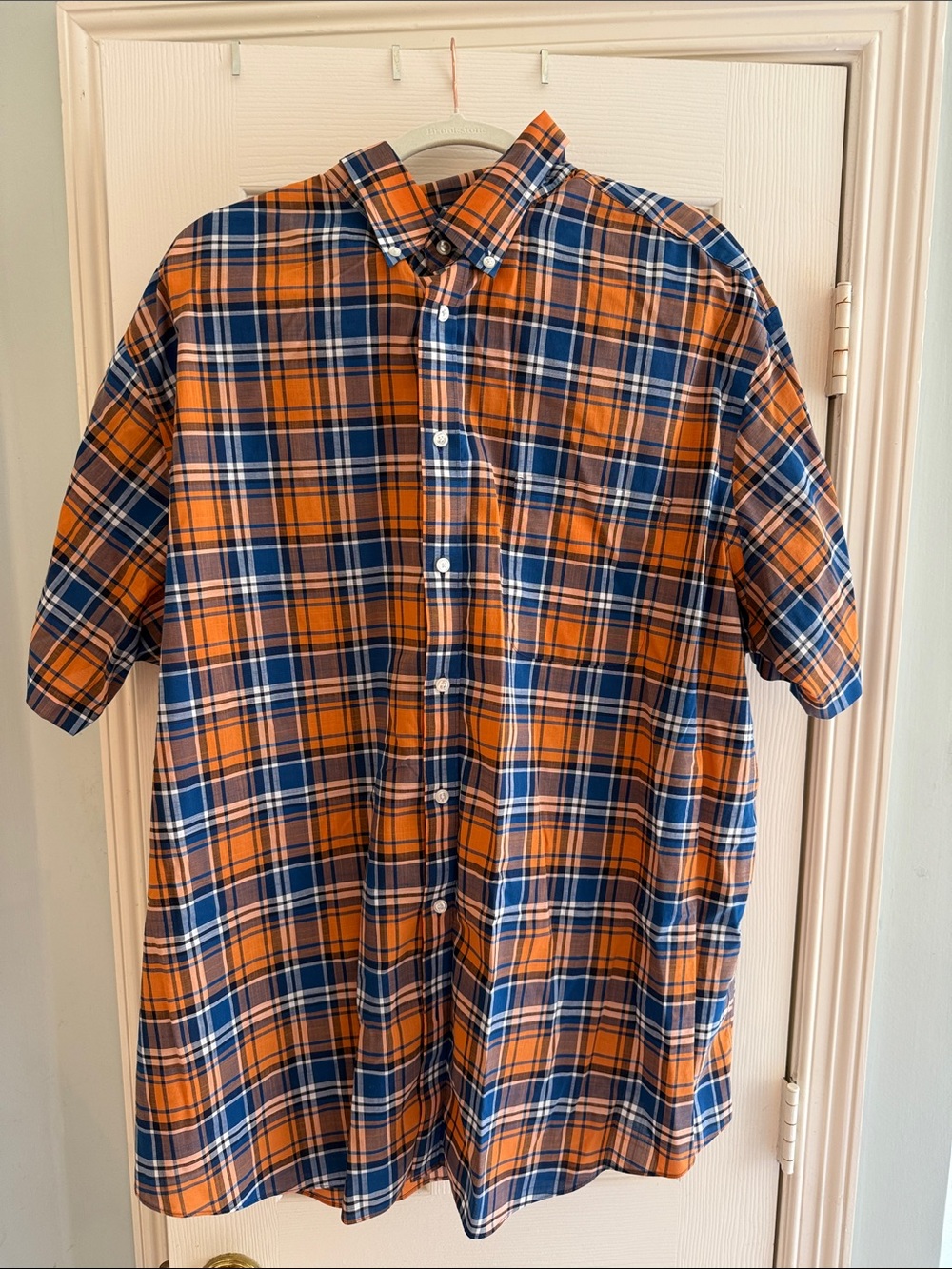 Men's Orange and Blue Plaid Short-Sleeve Button-Down Shirt